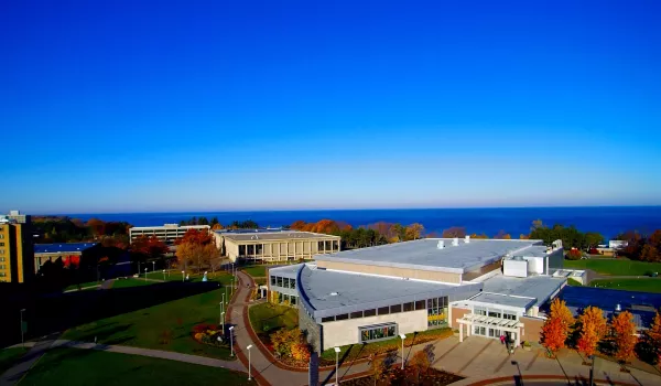 Campus in the fall with lake in background