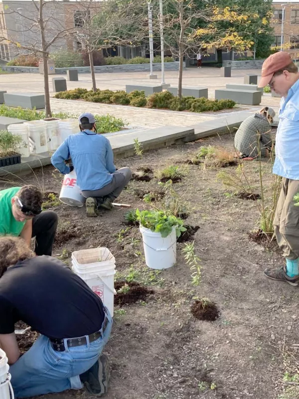 Campus community members work in the Alvar Garden